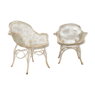 pair of garden chairs in forged iron painted 1950