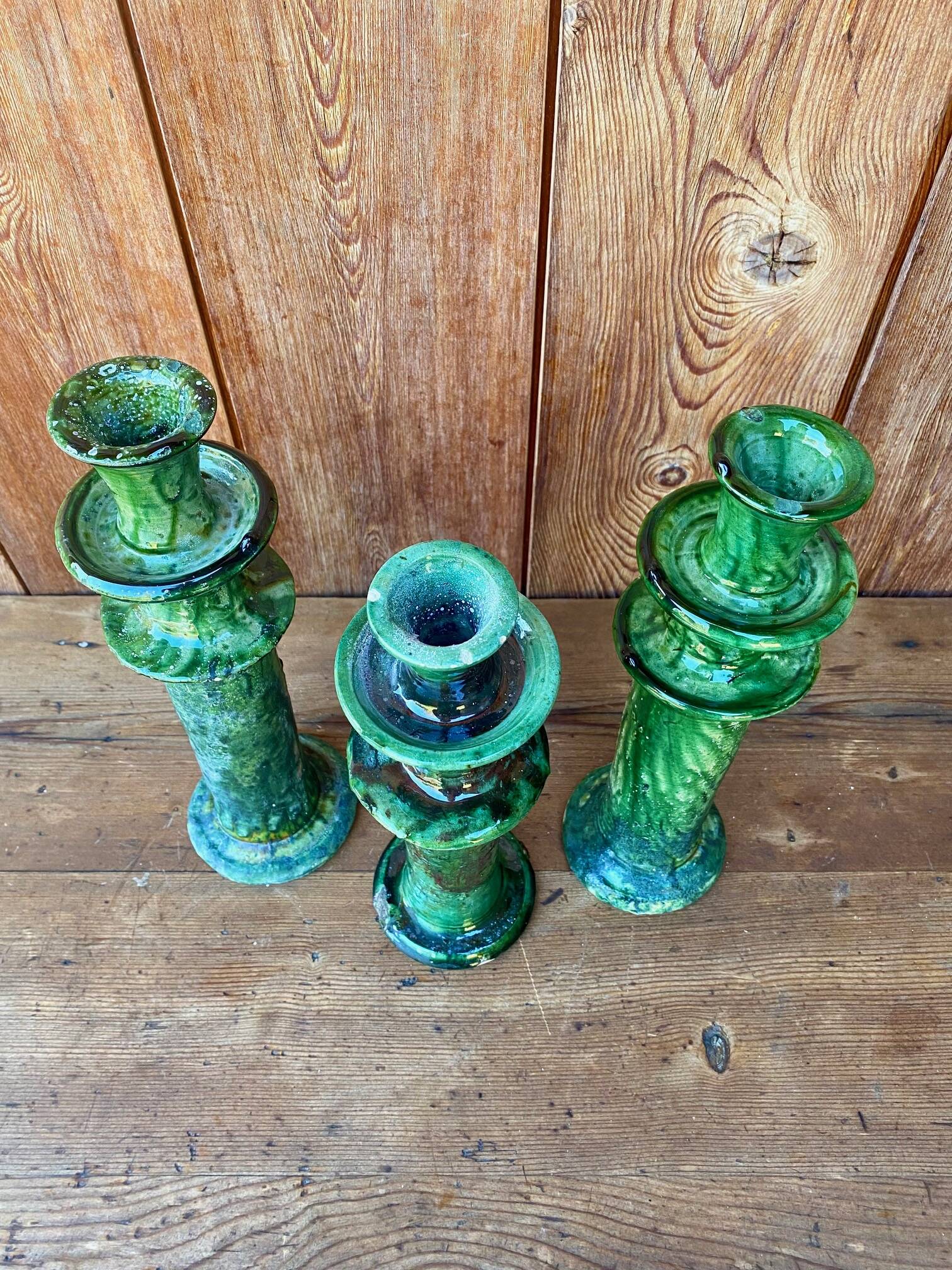 3 Tamegroute candle holders in green glazed ceramic from Morocco.