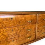Veneered burl walnut chest of drawers with light warm brown glass top
