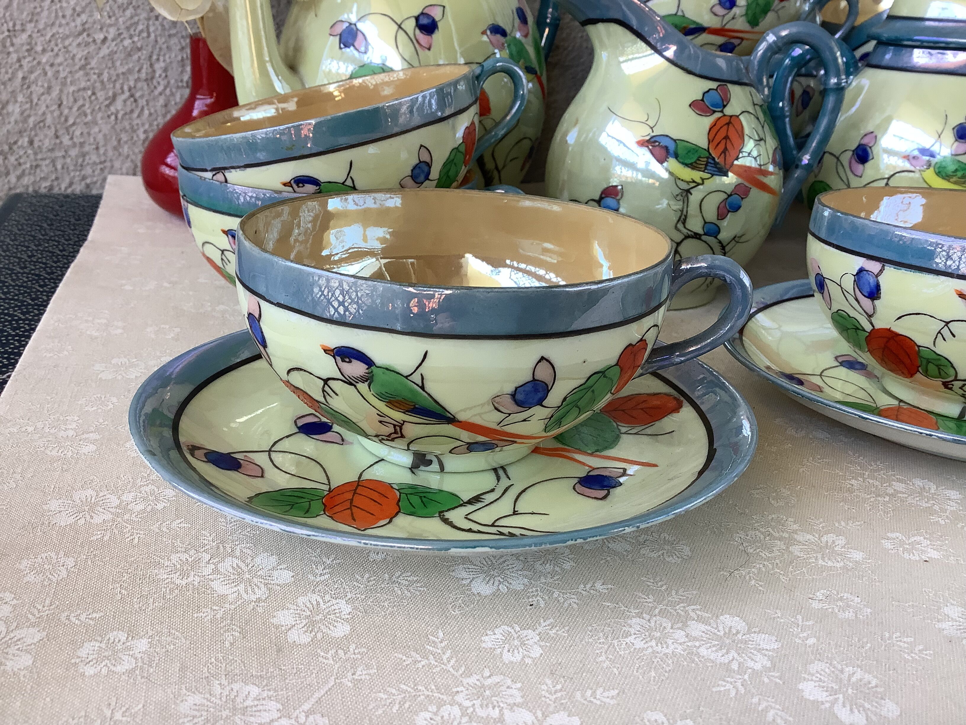 Japanese Iridescent Eggshell Porcelain Cups - Hand Painted