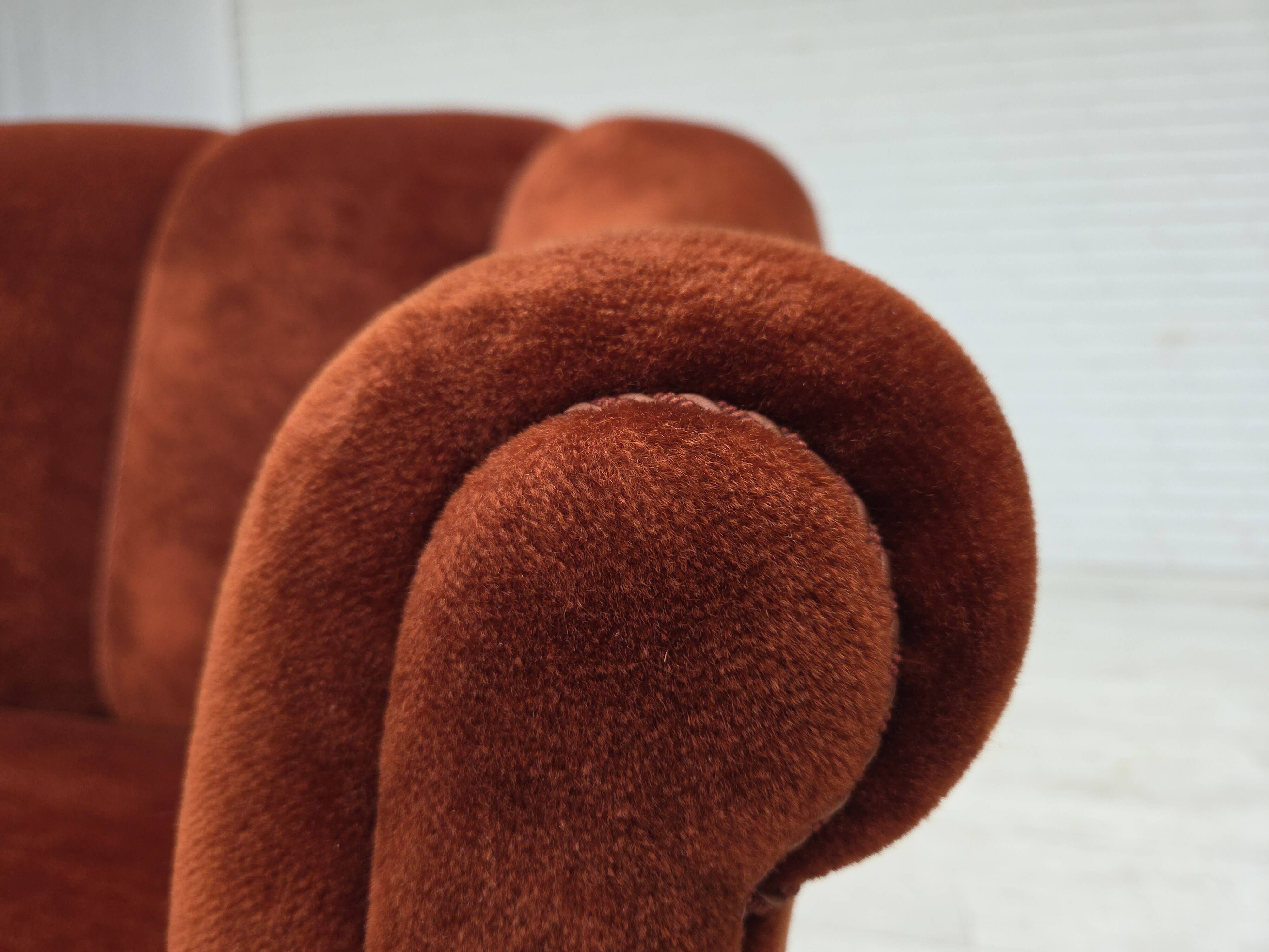 1950s, Danish 2-seater sofa, furniture velour, oak wood legs.