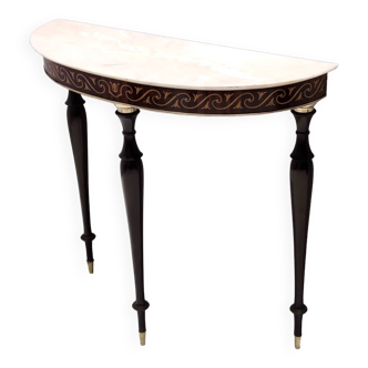 Table Console Vintage en Hêtre et Noyer Noir avec Plateau en Marbre Demilune