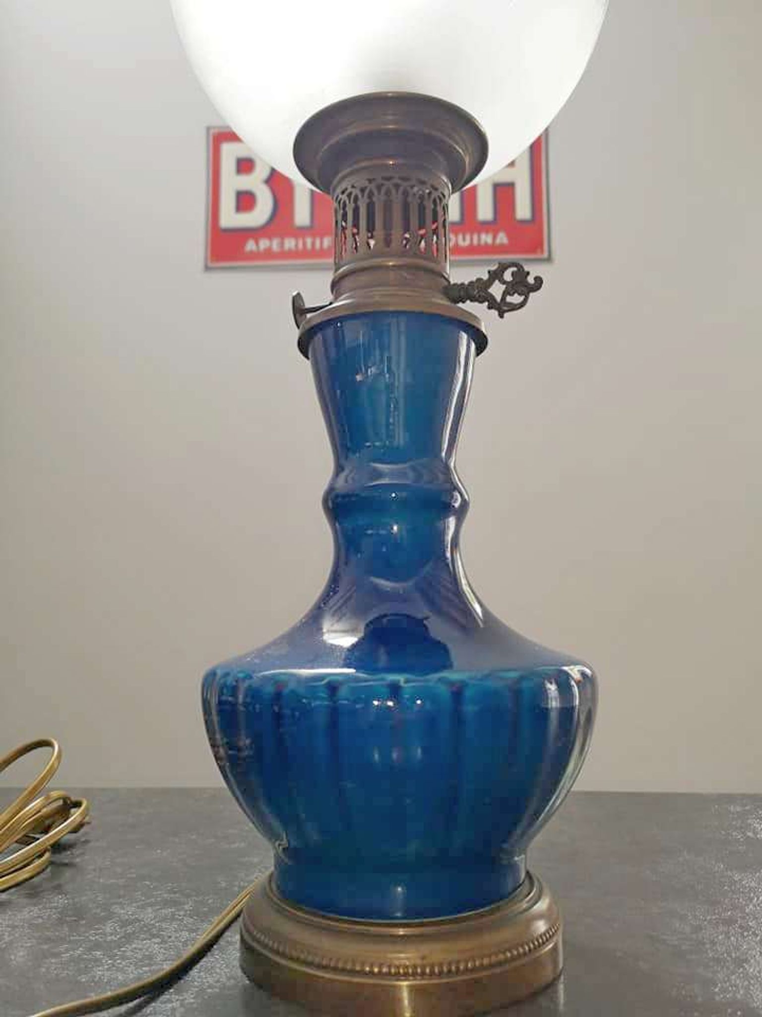 Old large ceramic lamp cracked globe + glass tube H 59 cm TBE