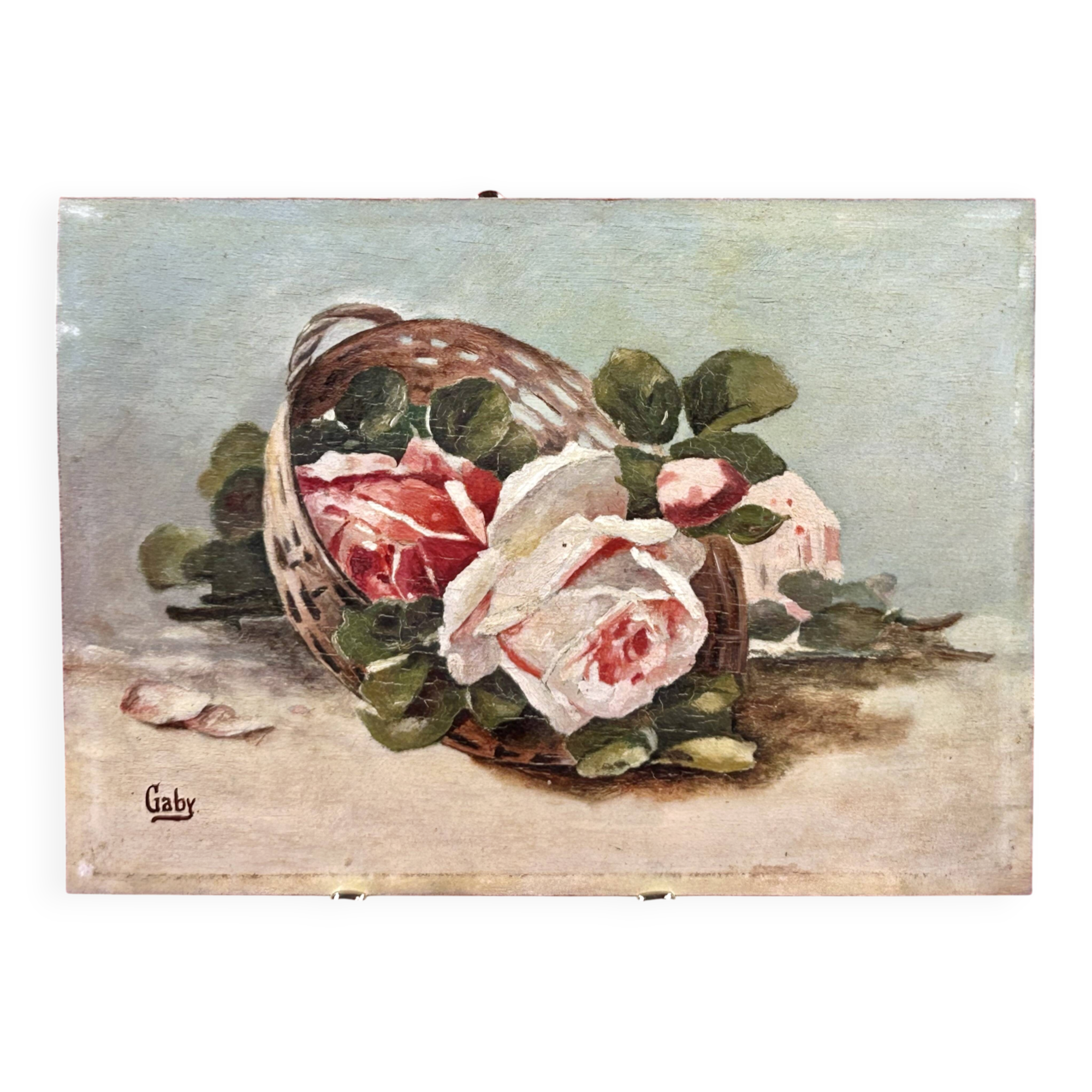 oil on panel, Still Life with Flower Bouquet, Signed Gaby