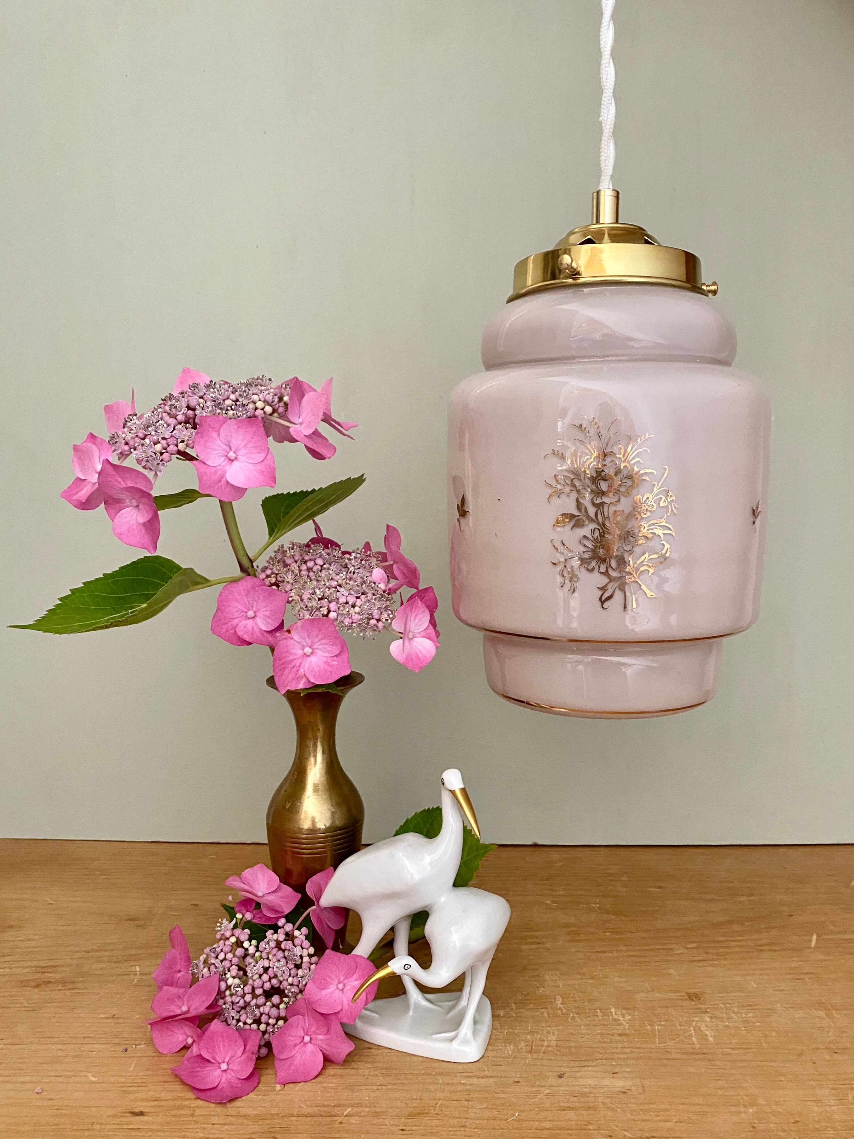 Vintage pink opaline globe pendant lamp with gold designs