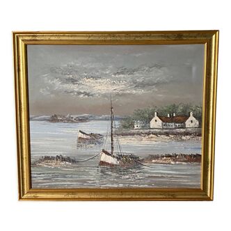 Huile sur toile Marine Bateaux échoués Brest par Comme ou Camme XXe