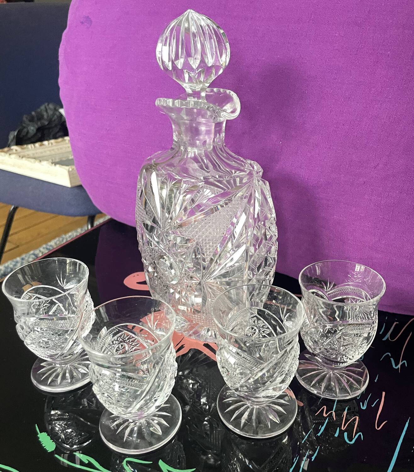 Bohemian crystal decanter and 4 glasses