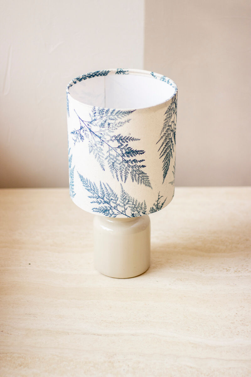White enamelled mustard pot lamp - fern pattern