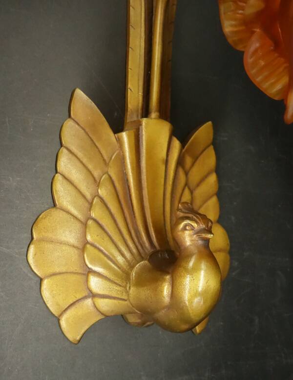 Pair of wall sconces with peacocks from the Art Nouveau period - bronze by Charles Ranc.