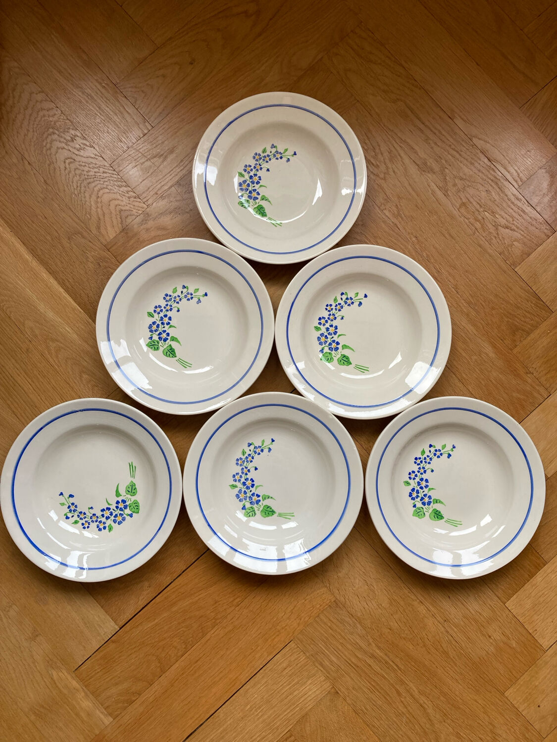 6 assiettes creuses Niderviller à décor de fleurs bleues