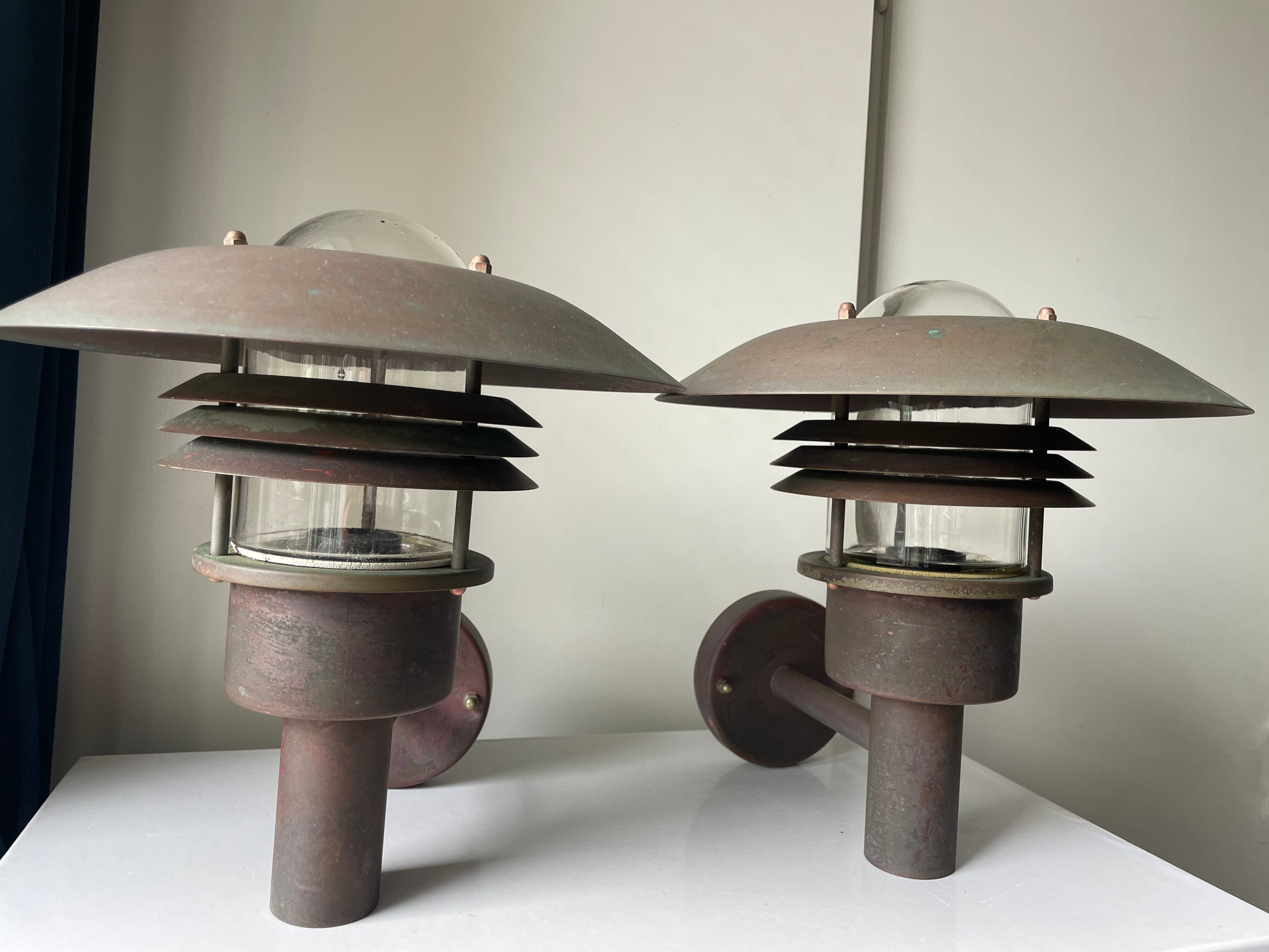 Pair of classic danish vintage  outdoor wall lamps in copper