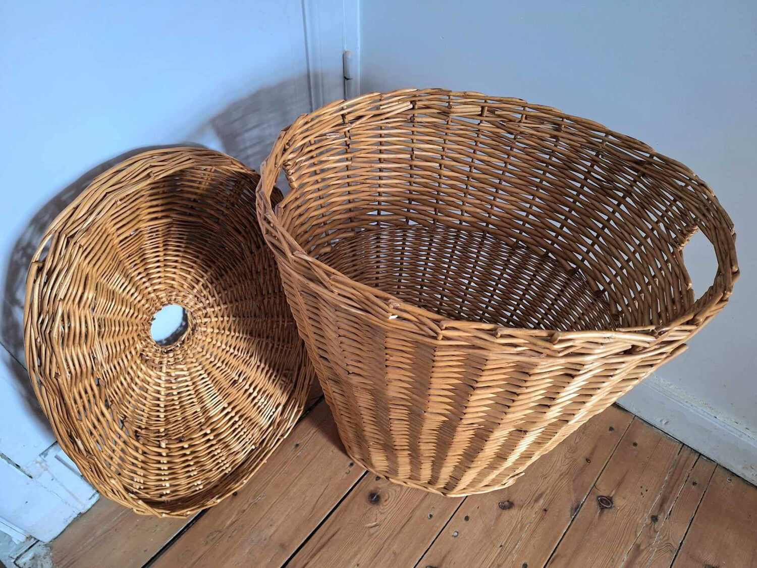 Large vintage rattan basket, retro wicker decoration