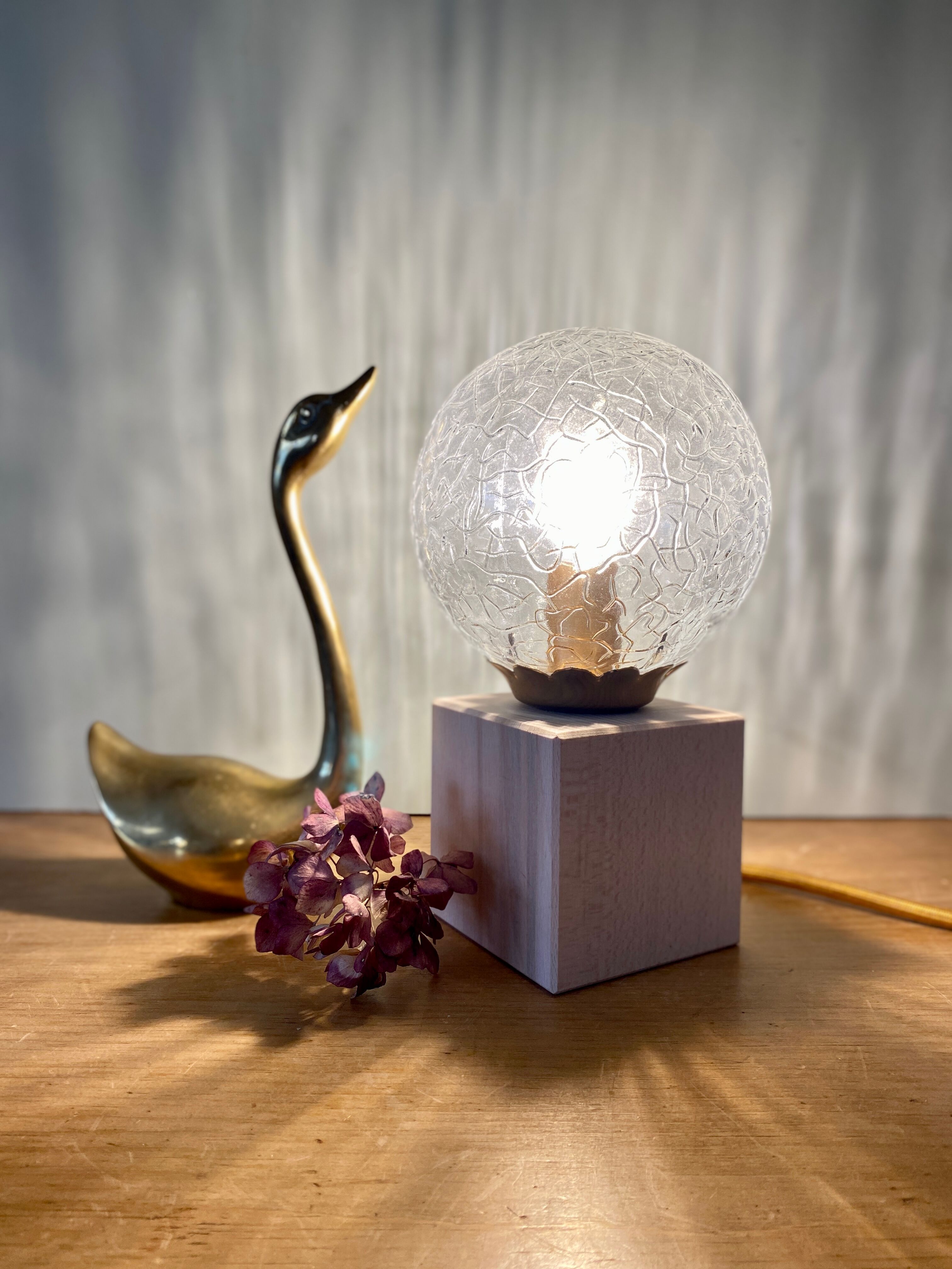 Vintage glass globe table lamp and wooden foot