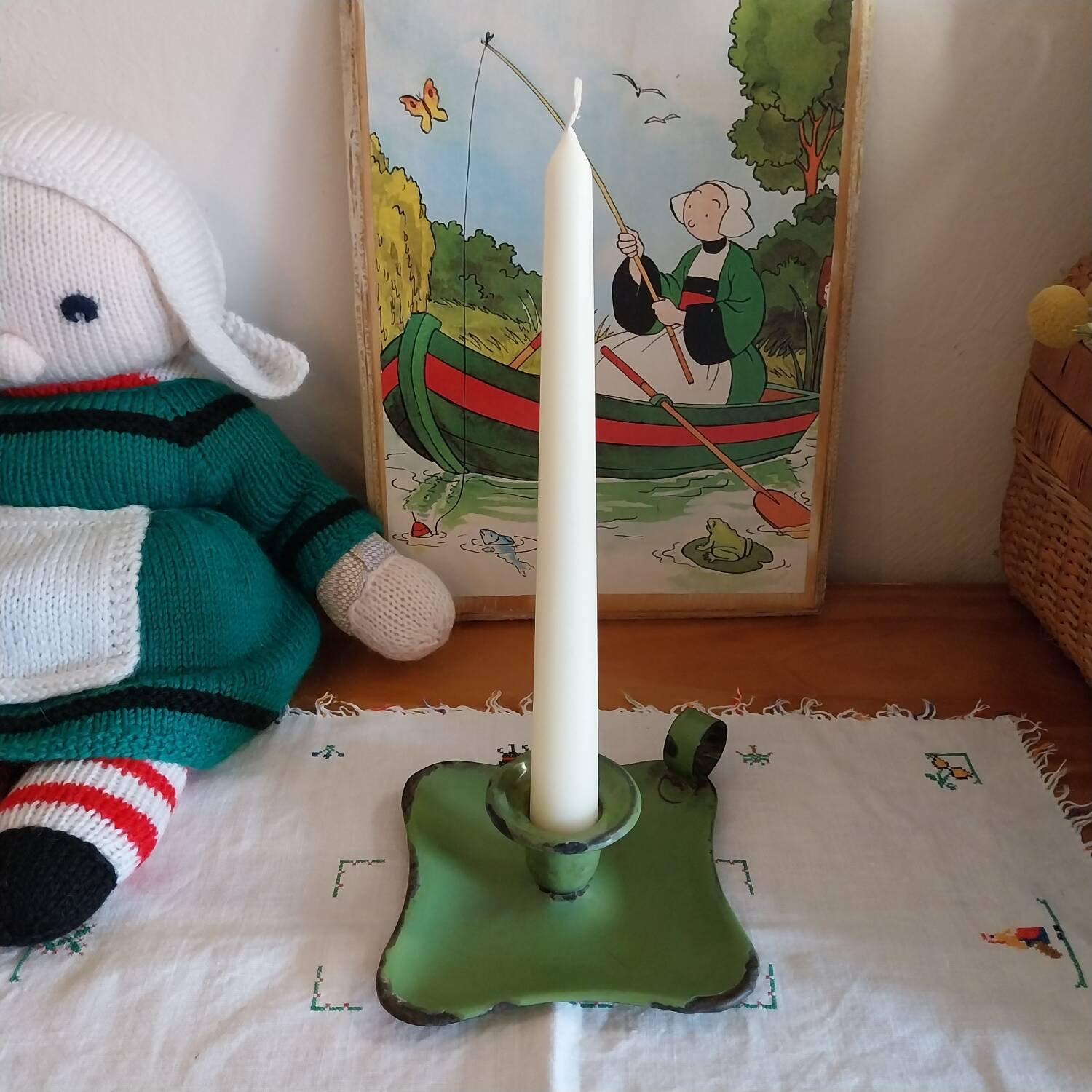 Old enamelled metal cellar rat candle holder