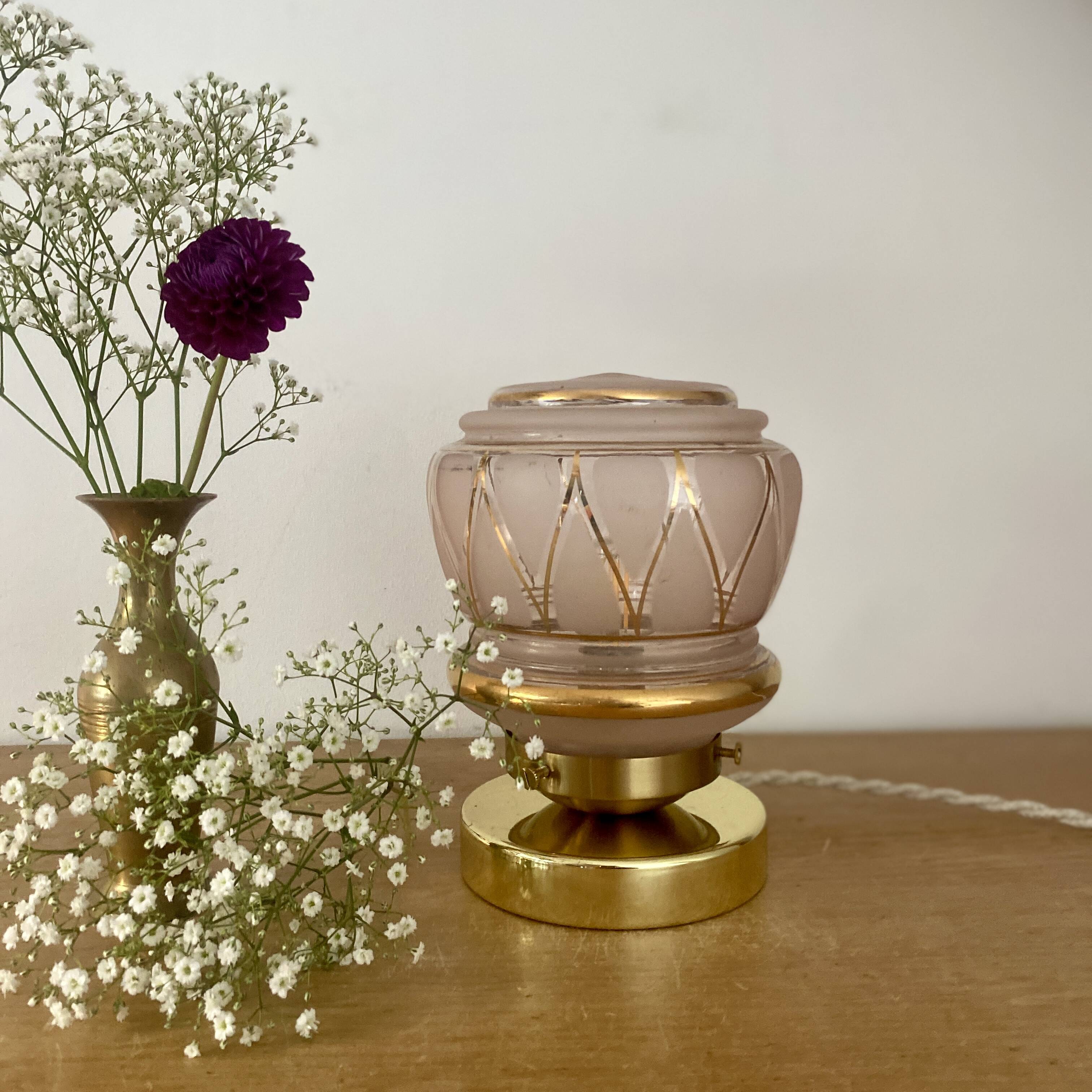 Vintage art deco globe table lamp in pink and gold glass