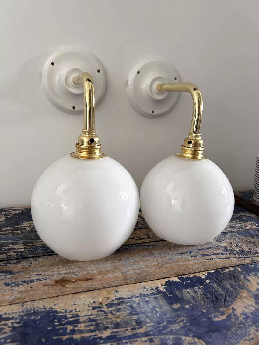 Pair of vintage white opaline wall lights