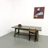 Glossy olive green lacquered dining table — DLG Georges Robert, Circa 1970