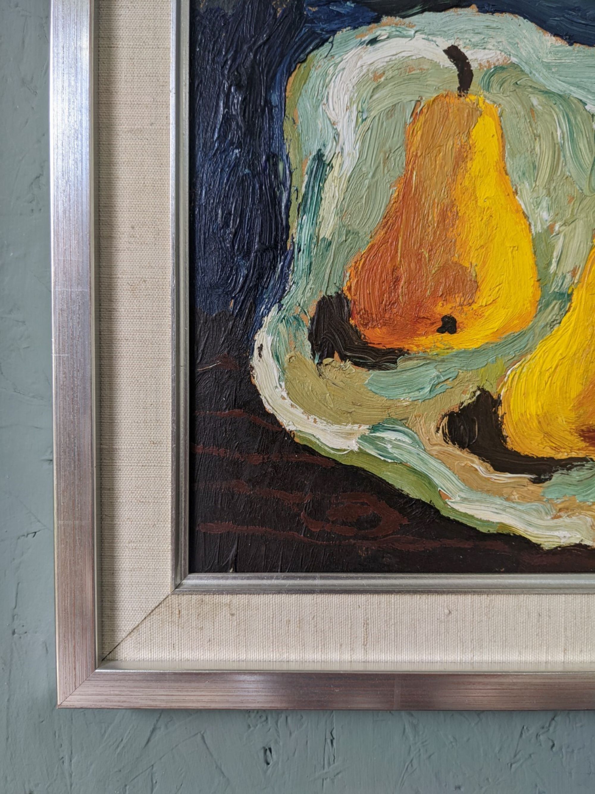 Mid-Century Modern Swedish "Luminous Pears" by Eric Cederberg, Framed Still Life Oil Painting