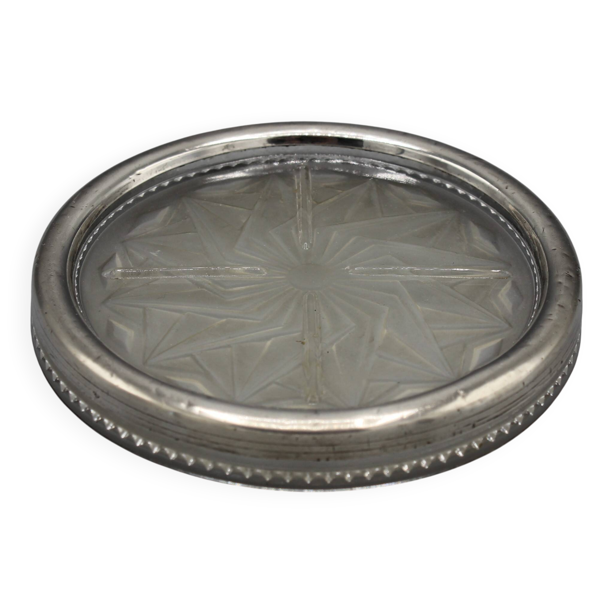 Old coaster bottle carafe glass and solid silver ribbing minerve art deco