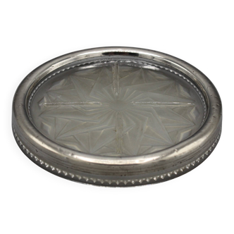 Old coaster bottle carafe glass and solid silver ribbing minerve art deco
