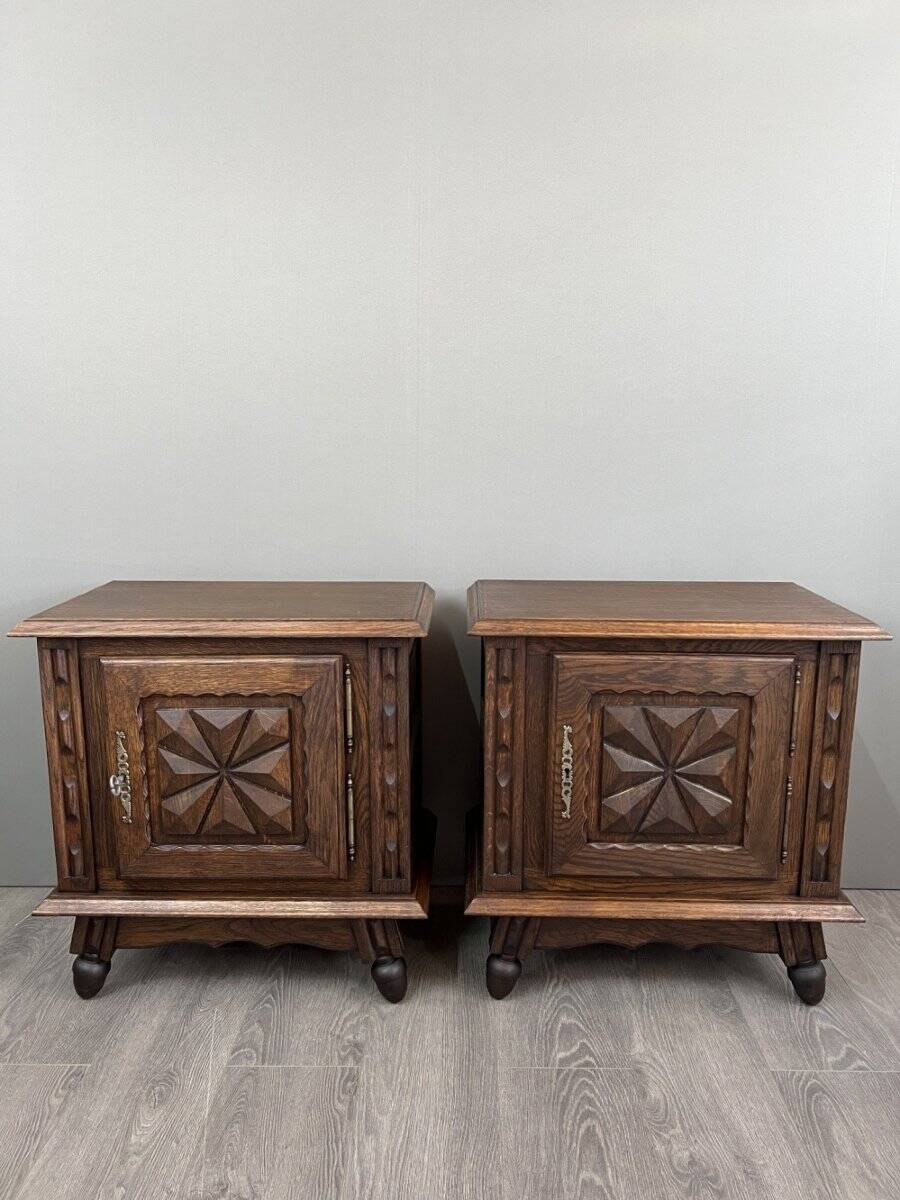 Pair of carved wooden bedside tables, early 20th century