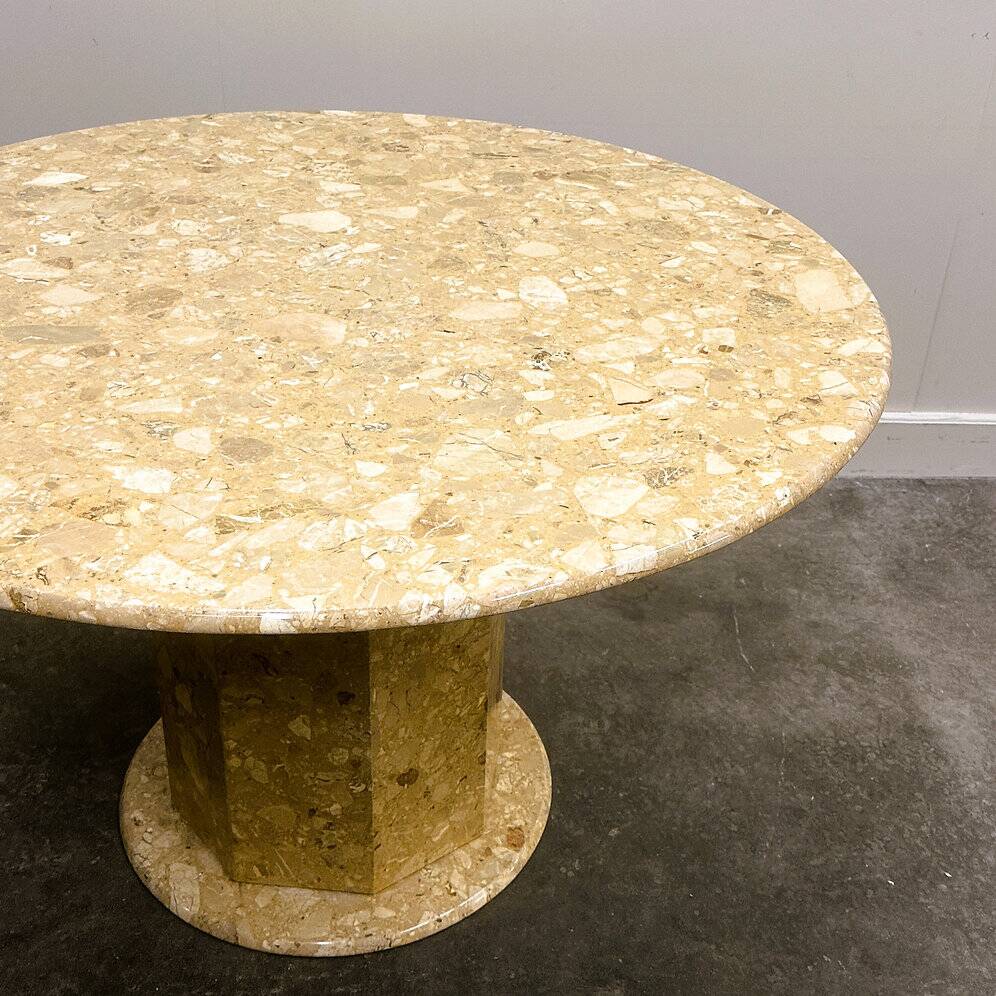 Round breccia marble pedestal table | 1980s vintage stone dining table | Postmodern