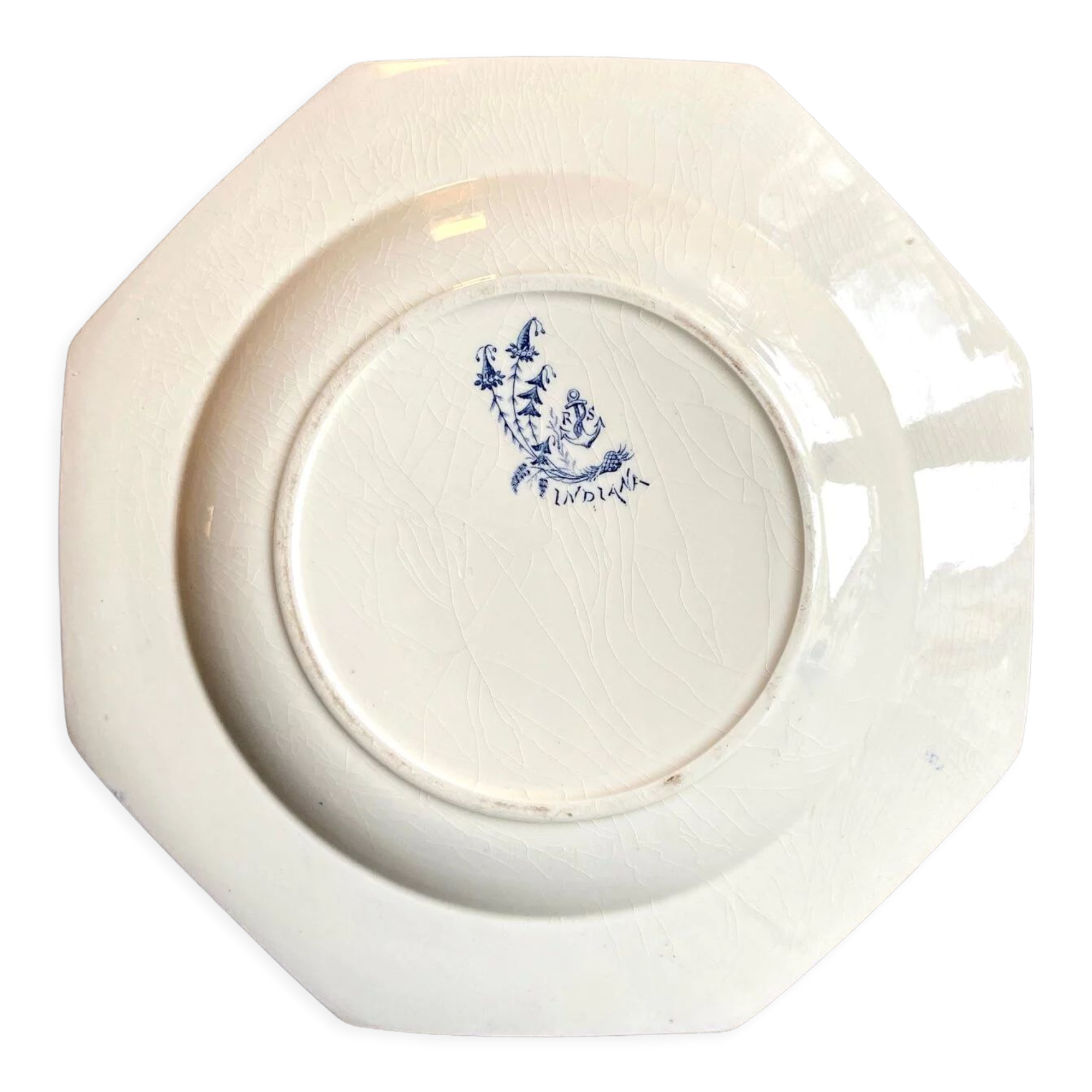 Octagonal hollow plate in white and blue iron earth, "Indiana" service