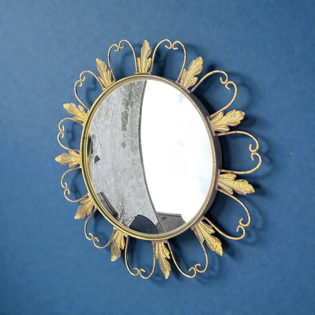 Circular gold metal mirror with floral decoration – 1960s