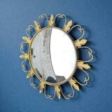 Circular gold metal mirror with floral decoration – 1960s
