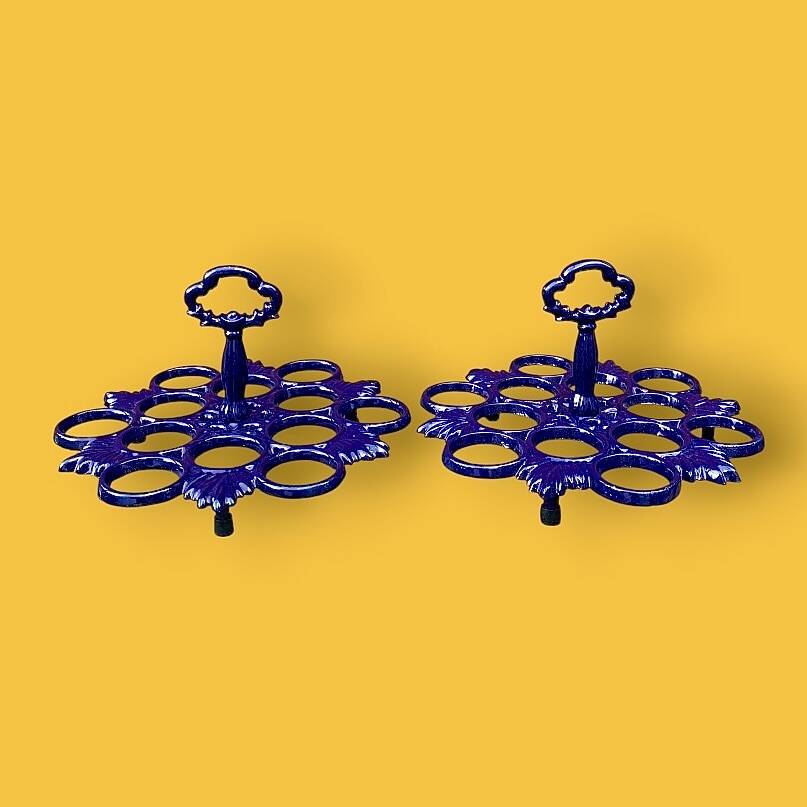 Pair of antique blue enamelled cast iron egg stands - 1960s