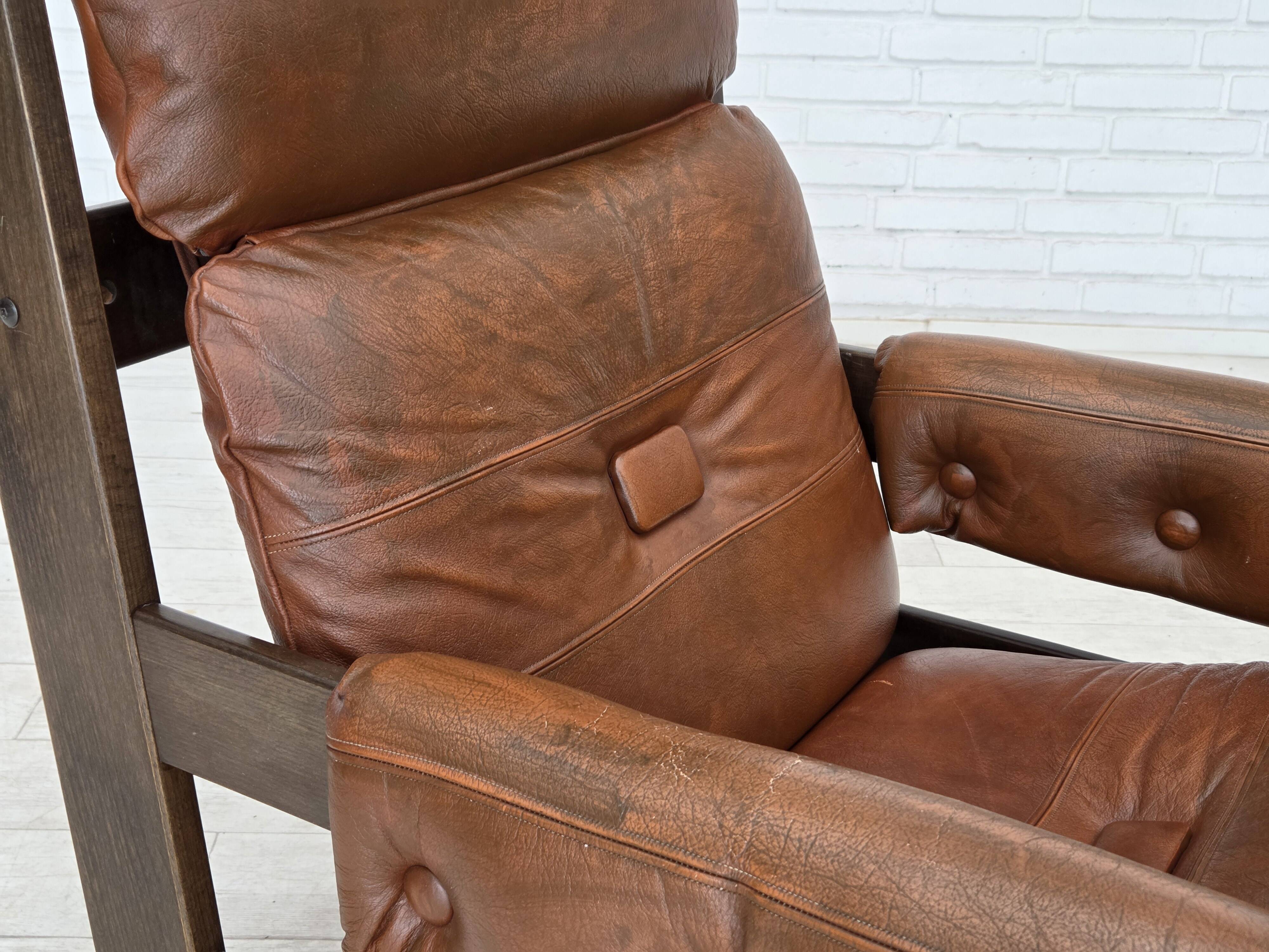 1970s, Scandinavian armchair, furniture leather, canvas, oak wood.