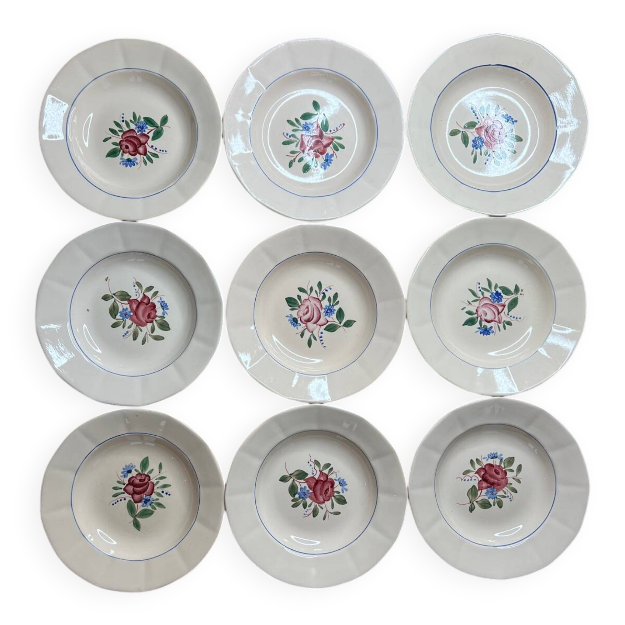 Set of 9 hand-painted Sarreguemines Digoin soup plates