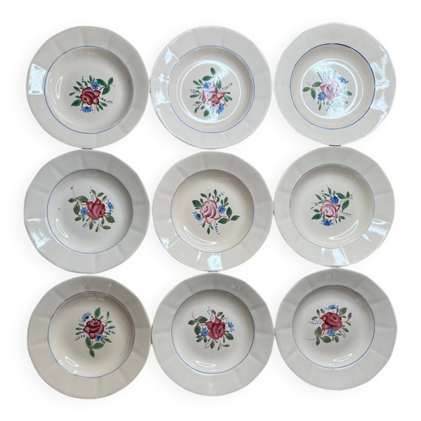 9 assiettes creuses Digoin Sarreguemines peintes à la main