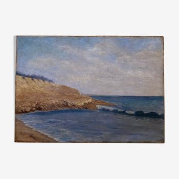 Ancient painting, seaside landscape by Louis Debiesse circa 1920