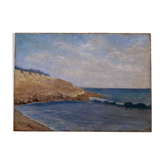 Ancient painting, seaside landscape by Louis Debiesse circa 1920