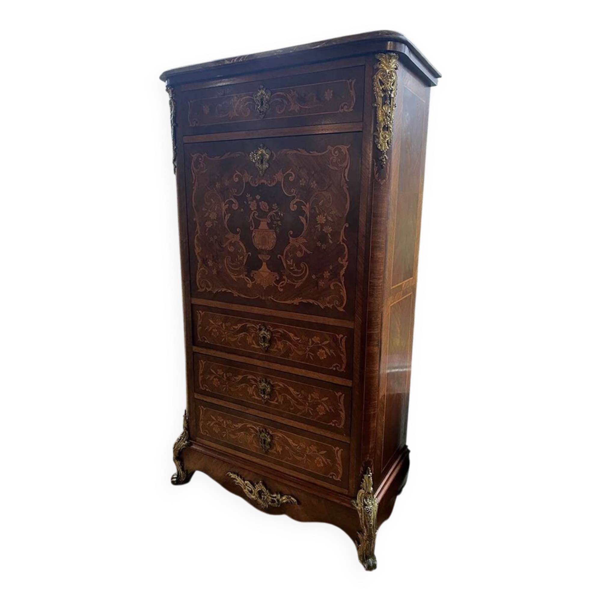 Inlaid wooden secretary, marble top. Napoleon III