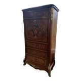 Inlaid wooden secretary, marble top. Napoleon III