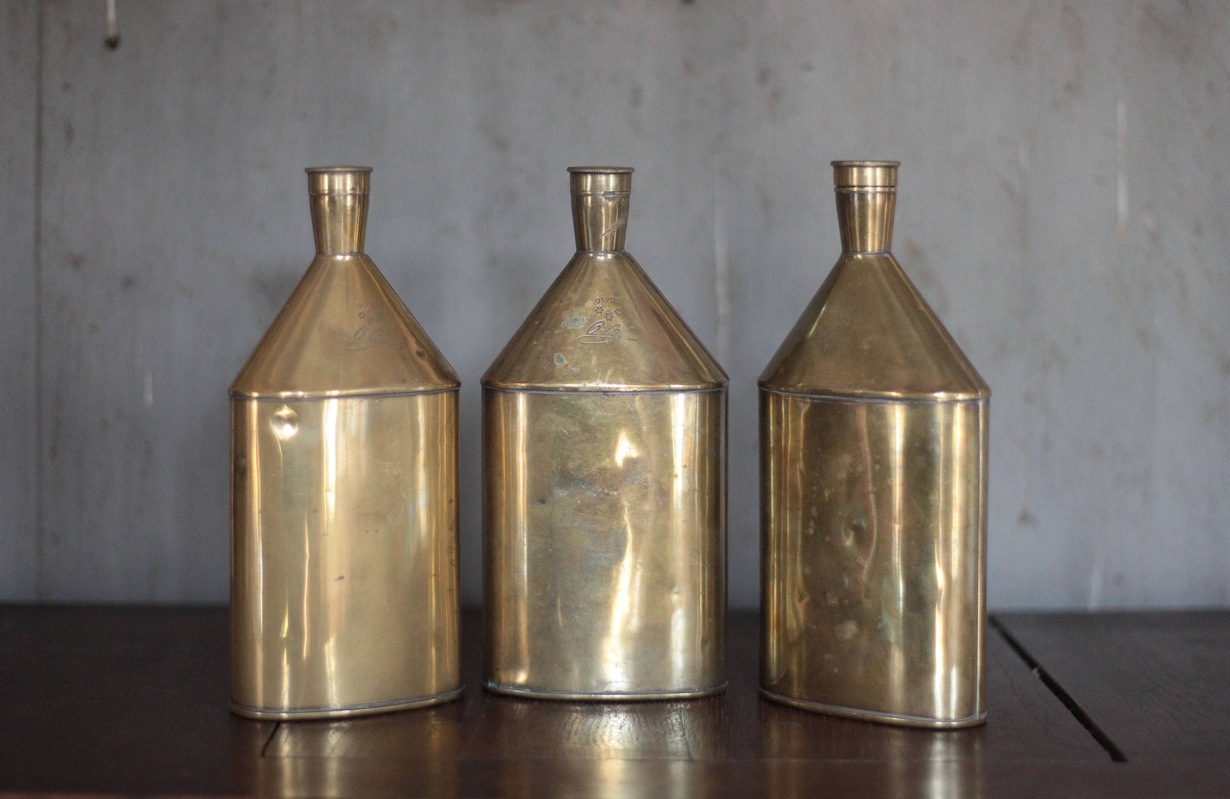 Lot de 3 bouteilles laiton vintage, gourde laiton, récipient laiton