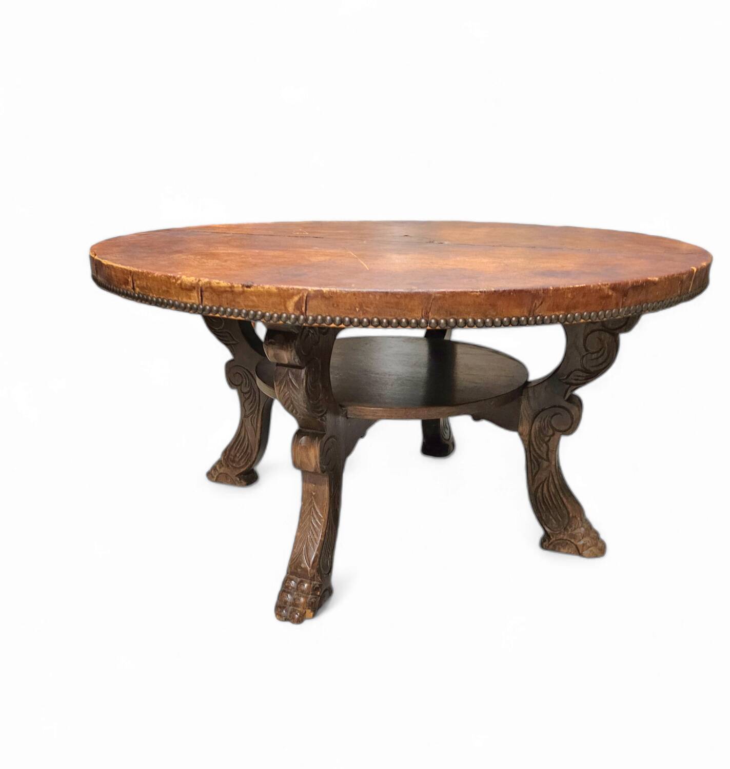 Mid-Century Coffee Table in Solid Wood and Patinated Cognac Leather