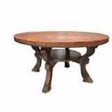 Mid-Century Coffee Table in Solid Wood and Patinated Cognac Leather