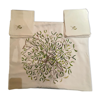 Hand-embroidered tablecloth on rectangular thread canvas