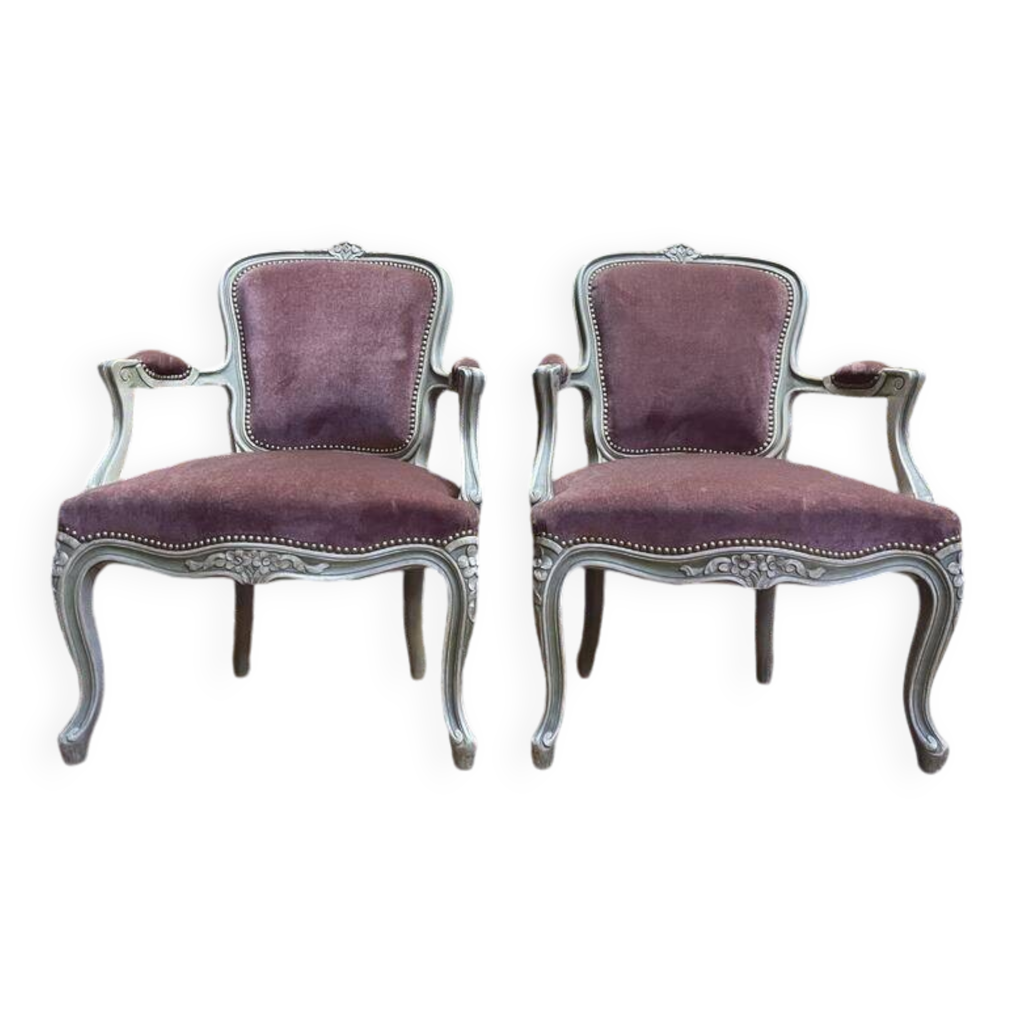 Pair of Louis XV style cabriolet armchairs with velvet upholstery