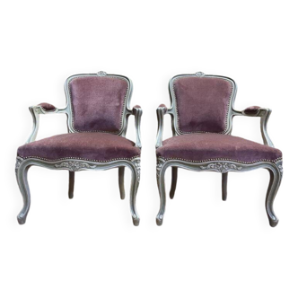 Pair of Louis XV style cabriolet armchairs with velvet upholstery