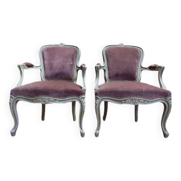 Pair of Louis XV style cabriolet armchairs with velvet upholstery