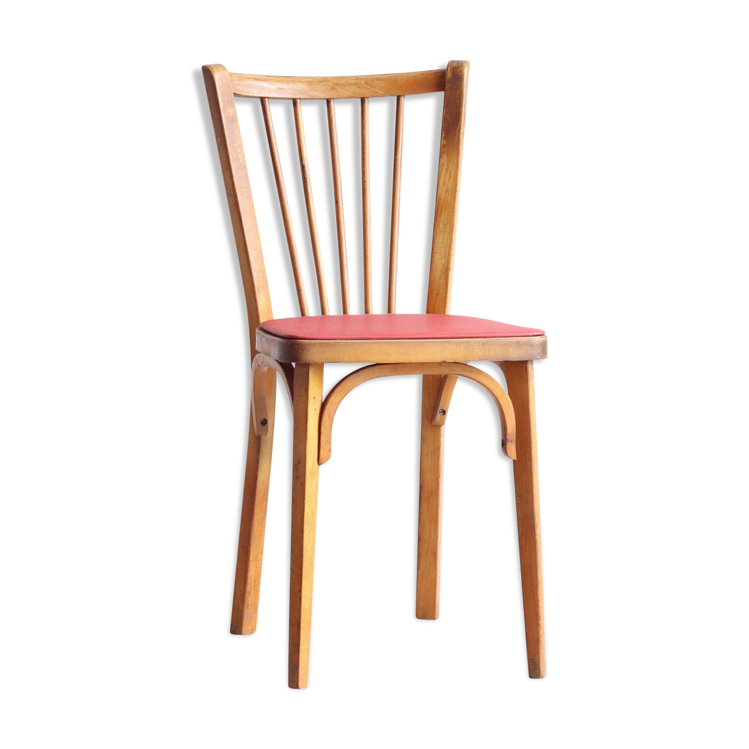 Chaise bistrot années 50 en bois et simili cuir rouge