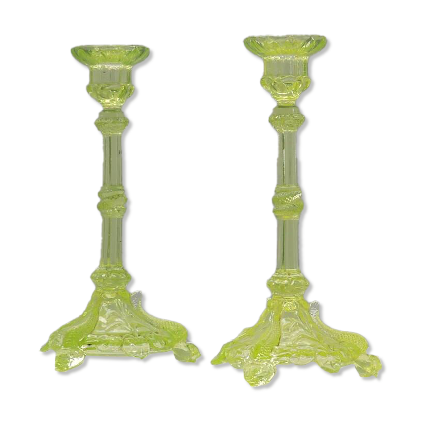 Pair Uranium or annagreen glass candlesticks by Vallerysthal & Portieux