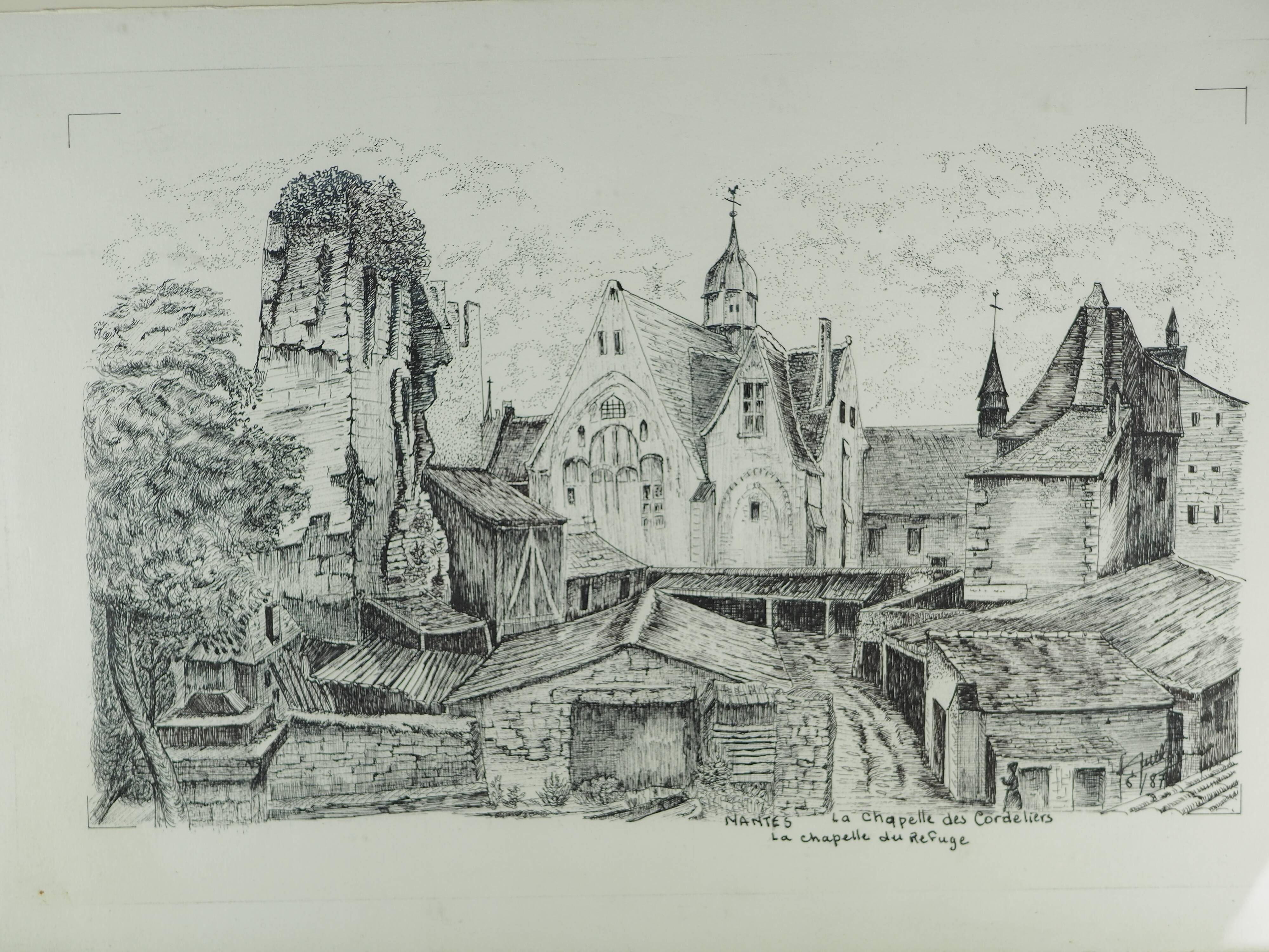 Original drawing of Nantes, rue des Cordeliers et du Refuge - ink on paper - 1987