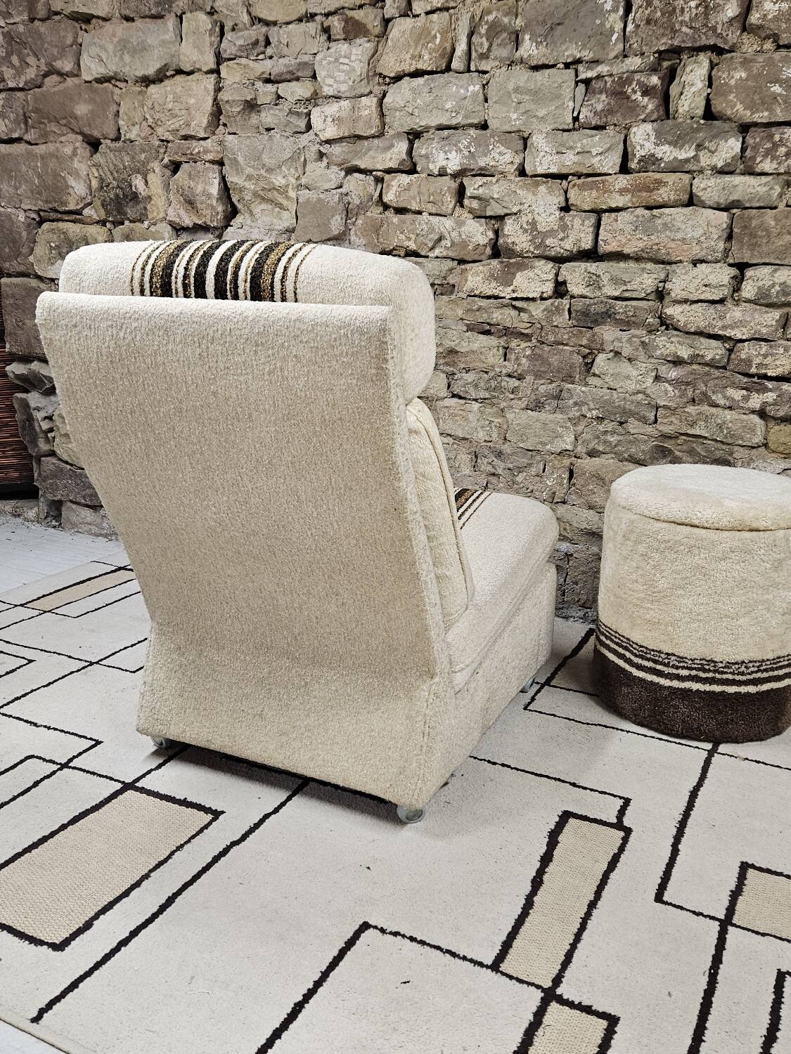 Boucle wool fireside chair and its 1970" vintage pouf