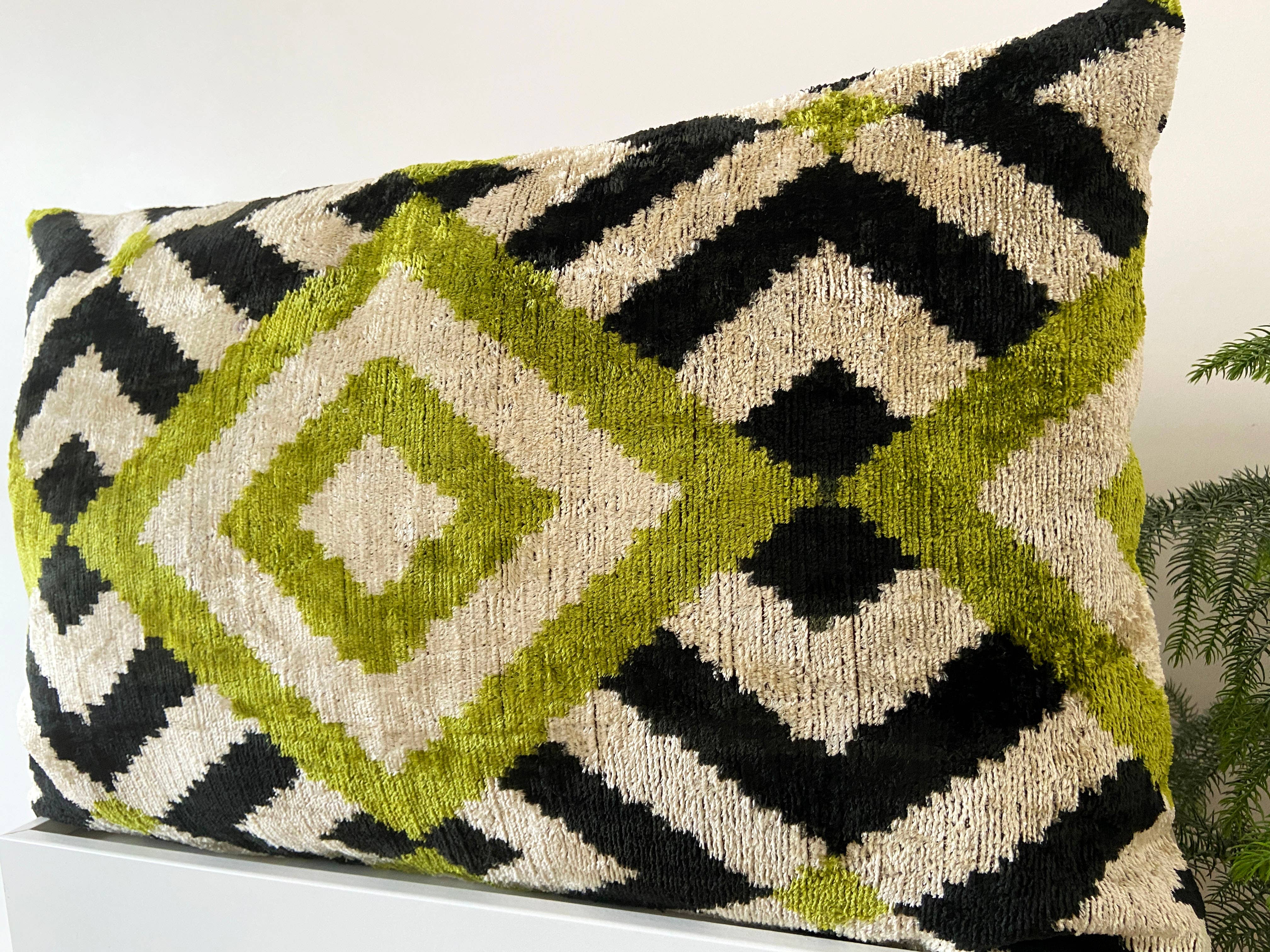 Velvet cushion Ikat green diamonds