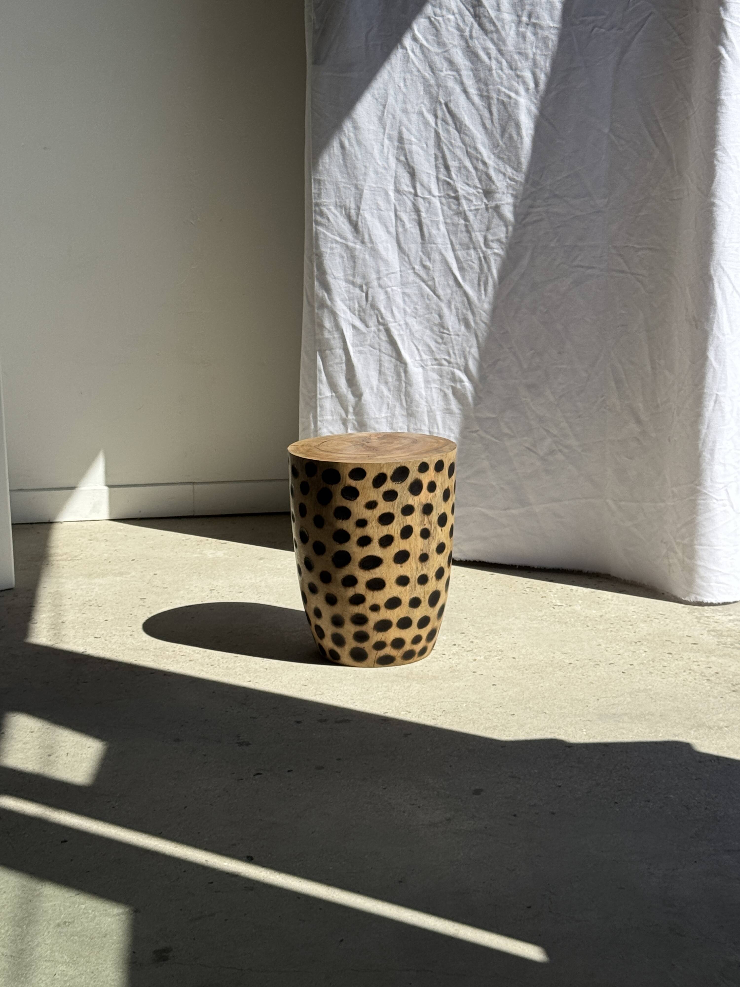 Stool, side table, cylindrical solid mango wood end table.